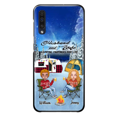 Personalized Camping Couple Xmas Phone Case - Christmas Gift For Couple/Camping Lover/ Dog Lover - Couple With Up to 4 Dogs - Husband And Wife Camping Partners For Life - Case For iPhone And Samsung
