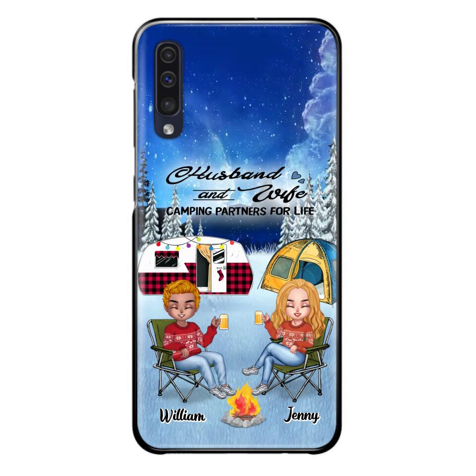 Personalized Camping Couple Xmas Phone Case - Christmas Gift For Couple/Camping Lover/ Dog Lover - Couple With Up to 4 Dogs - Husband And Wife Camping Partners For Life - Case For iPhone And Samsung