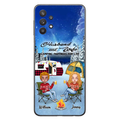 Personalized Camping Couple Xmas Phone Case - Christmas Gift For Couple/Camping Lover/ Dog Lover - Couple With Up to 4 Dogs - Husband And Wife Camping Partners For Life - Case For iPhone And Samsung