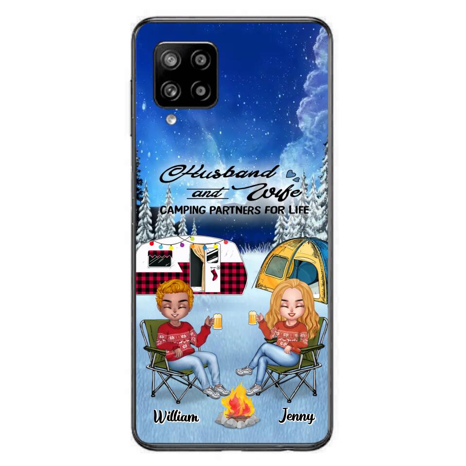 Personalized Camping Couple Xmas Phone Case - Christmas Gift For Couple/Camping Lover/ Dog Lover - Couple With Up to 4 Dogs - Husband And Wife Camping Partners For Life - Case For iPhone And Samsung