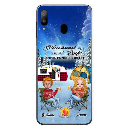 Personalized Camping Couple Xmas Phone Case - Christmas Gift For Couple/Camping Lover/ Dog Lover - Couple With Up to 4 Dogs - Husband And Wife Camping Partners For Life - Case For iPhone And Samsung