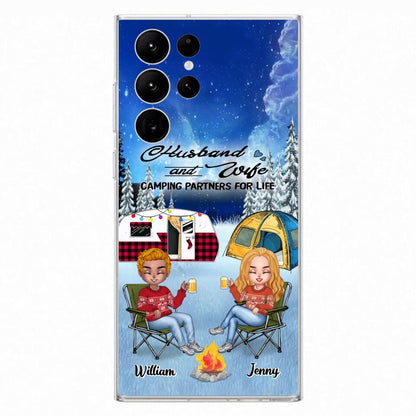 Personalized Camping Couple Xmas Phone Case - Christmas Gift For Couple/Camping Lover/ Dog Lover - Couple With Up to 4 Dogs - Husband And Wife Camping Partners For Life - Case For iPhone And Samsung