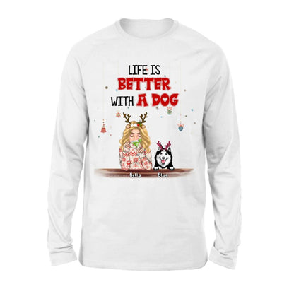 Personalized Christmas Dog Mom T-shirt/Long Sleeve/Sweatshirt/Hoodie - Up to 5 Dogs - Christmas Gift Idea For Dog Mom/Dog Lover - Life Is Better With Dogs