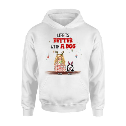 Personalized Christmas Dog Mom T-shirt/Long Sleeve/Sweatshirt/Hoodie - Up to 5 Dogs - Christmas Gift Idea For Dog Mom/Dog Lover - Life Is Better With Dogs