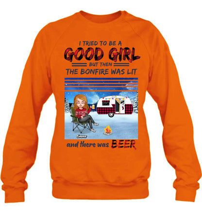 Personalized Xmas Camping Girl Shirt/Hoodie - Christmas Gift For Camping Lover - Girl With Up to 4 Dogs - I Tried To Be A Good Girl