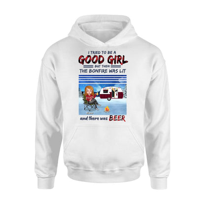 Personalized Xmas Camping Girl Shirt/Hoodie - Christmas Gift For Camping Lover - Girl With Up to 4 Dogs - I Tried To Be A Good Girl
