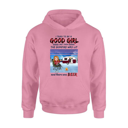 Personalized Xmas Camping Girl Shirt/Hoodie - Christmas Gift For Camping Lover - Girl With Up to 4 Dogs - I Tried To Be A Good Girl