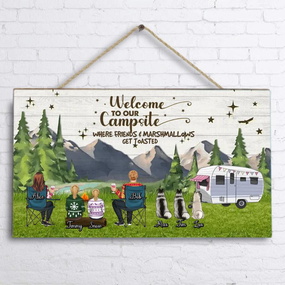 Personalized Camping Wooden Sign - Adult/Couple/Single Parent/Parents with Up to 3 Pets - Gift Idea For Couple/Camping/Dog/Cat Lovers - Welcome To Our Campsite