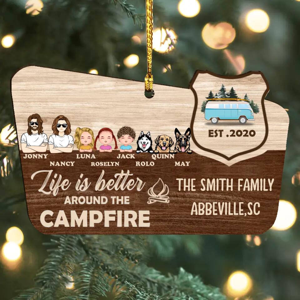 Personalized Camping Wooden Ornament - Couple/Family With Up to 3 Kids,3 Dogs - Christmas/Birthday/Anniversary Gift For Couple/Family - Life Is Better Around The Campfire