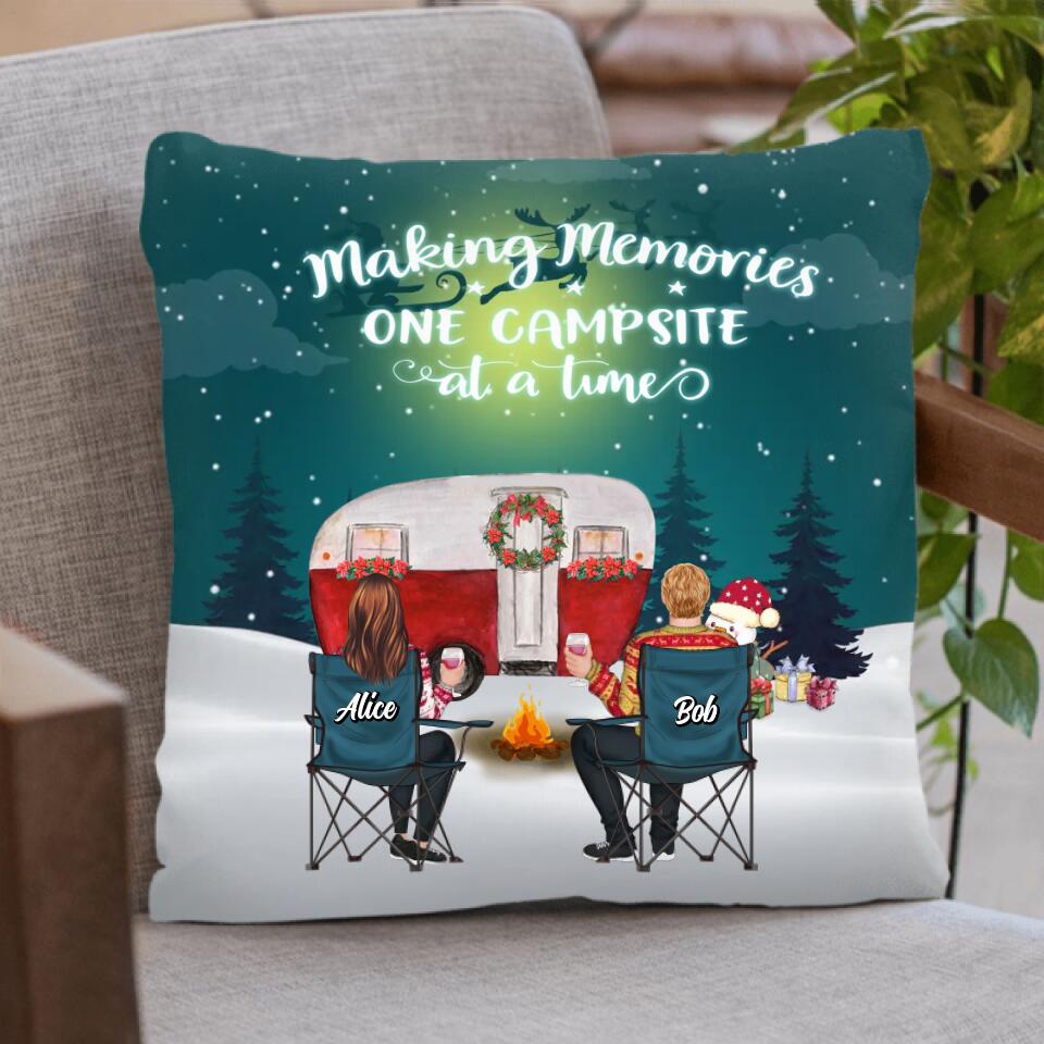 Personalized Xmas Camping Quilt/Fleece Blanket/Pillow Cover - Adult/Couple/Parents with Up to 3 Pets - Christmas Gift Idea For Couple/Camping Lovers - Making Memories One Campsite At A Time