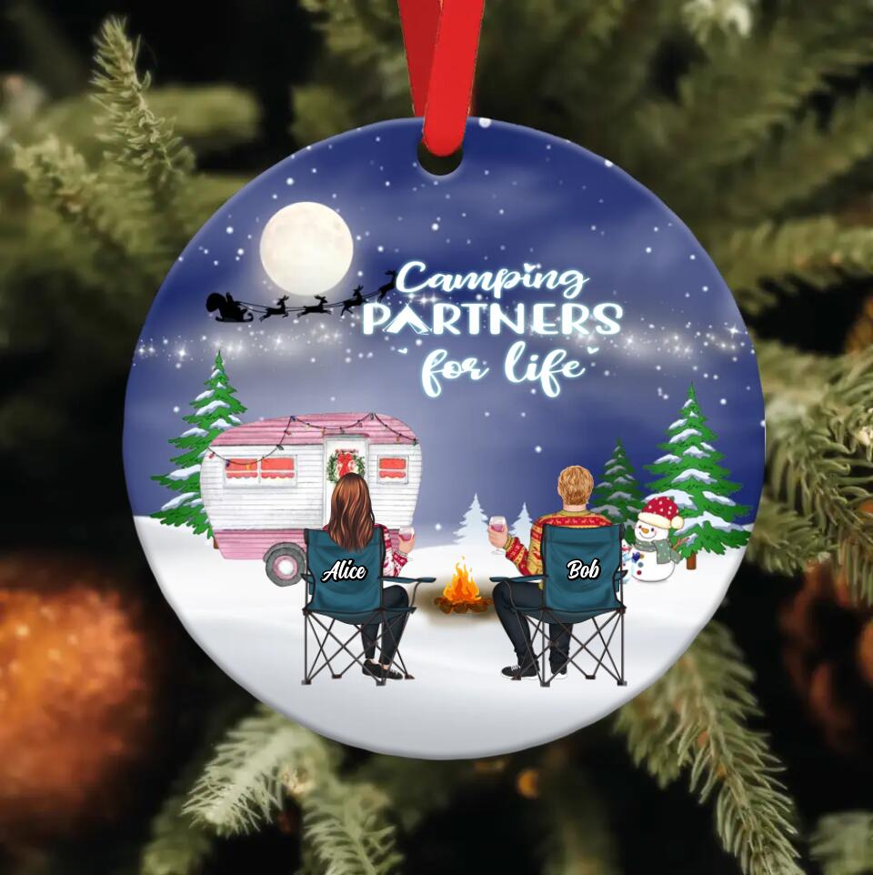 Personalized Xmas Camping Wooden Ornament - Adult/Couple/Single Parent/Parents with Up to 2 Kids And 3 Pets - Christmas Gift Idea For Couple/Camping/Dog/Cat Lovers - Camping Partners For Life