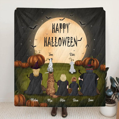 Personalized Halloween Family Quilt/Fleece Blanket - Gift for Family, Halloween - Up to 2 Kids and 3 Pets