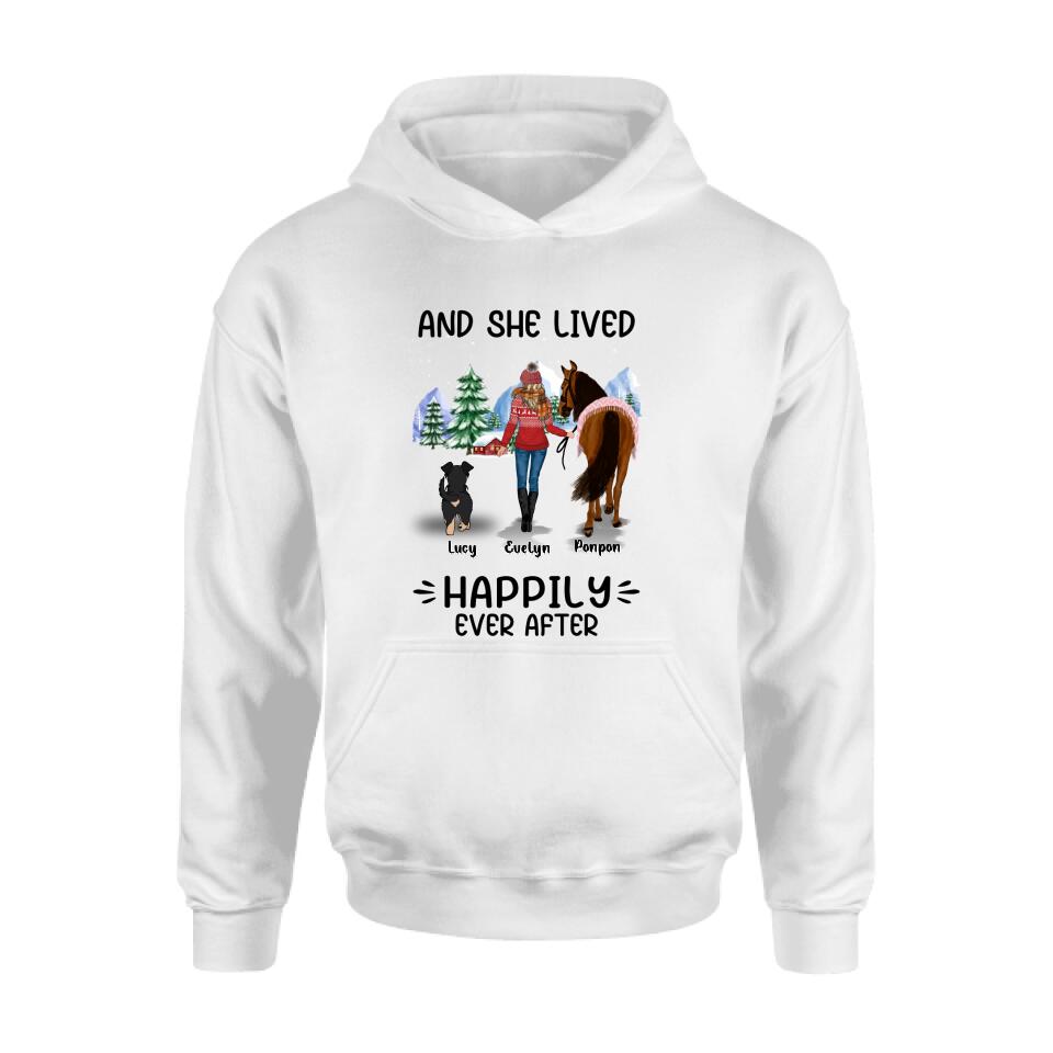 Personalized Horses & Dogs Shirt/Hoodie - Gift Idea For Horse/Dog Lovers - Up to 4 Dogs - And She Lived Happily Ever After