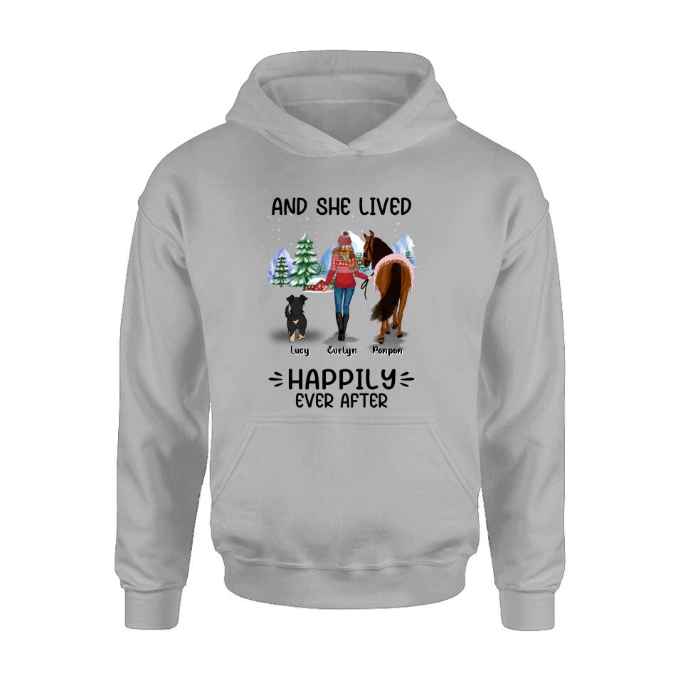 Personalized Horses & Dogs Shirt/Hoodie - Gift Idea For Horse/Dog Lovers - Up to 4 Dogs - And She Lived Happily Ever After