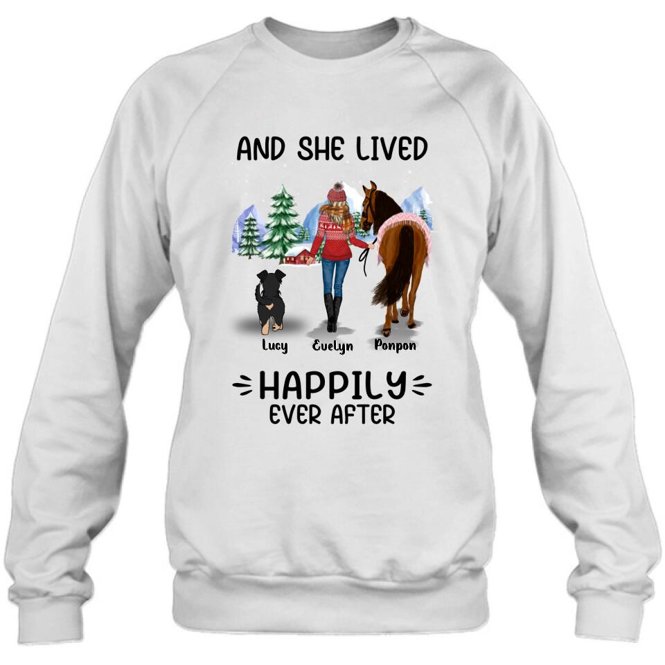 Personalized Horses & Dogs Shirt/Hoodie - Gift Idea For Horse/Dog Lovers - Up to 4 Dogs - And She Lived Happily Ever After