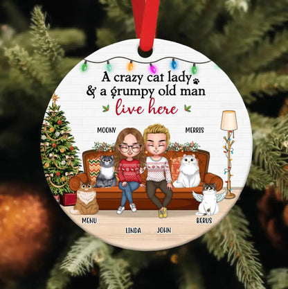 Personalized Crazy Cat Lady Circle Wooden Ornament - Gift Idea For Couple/Cat Lovers With Up to 2 Cats - A Crazy Cat Lady& A Grumpy Old Man Live Here
