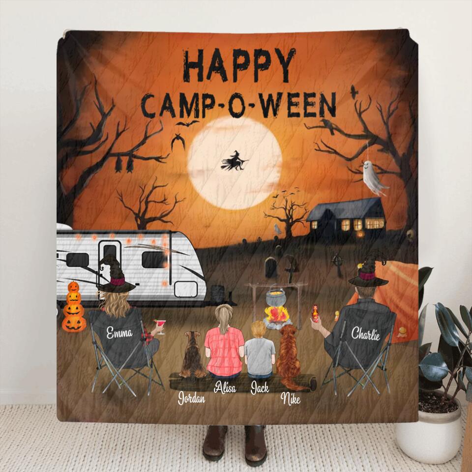 Personalized Halloween Camping Blanket - Halloween Gift for Family, Camping Lovers - Up to 2 Kids and 2 Pets