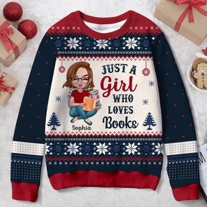 Personalized Girl Reading Book All-Over Print Sweater - Gift Idea For Reading Lover/Christmas Gift - Just A Girl Who Loves Books
