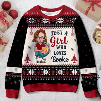 Personalized Girl Reading Book All-Over Print Sweater - Gift Idea For Reading Lover/Christmas Gift - Just A Girl Who Loves Books