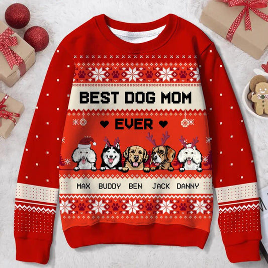 Personalized Dog Mom Ugly All-Over Print Sweater - Up to 5 Dogs - Christmas Gift For Dog Lover - Best Dog Mom Ever
