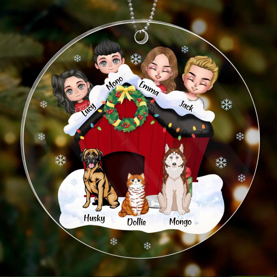 Personalized Christmas Family With Pet Circle Acrylic Ornament - Christmas Gift For Family/Dog/Cat Lover - Parents/Couple With Up to 2 Kids And 4 Pets