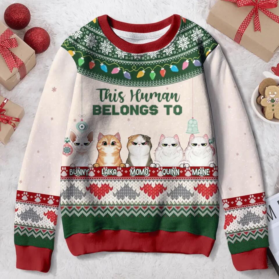 Personalized Xmas Cat All-Over Print Sweater - Up to 5 Cats - Christmas Gift Idea For Cat Lover - This Human Belongs To
