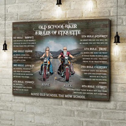Personalized Rules Of Old School Biker Canvas - Gift Idea For Biker Lovers/Friends - Up to 10 People - Old School Biker 8 Rules Of Etiquette