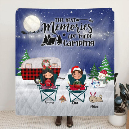 Personalized Couple Camping Xmas Quilt/Fleece Blanket/Pillow Cover - Couple With Up to 4 Pets - Christmas Gift For Cat/Dog Lover