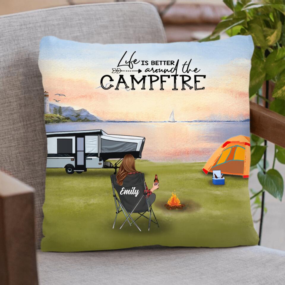 Personalized Camping Pillow Cover - Full Option - Best Gift For Camping Family/Couple/Single Parent/Solo - Up to 4 Kids and 3 Pets - Life Is Better Around The Campfire