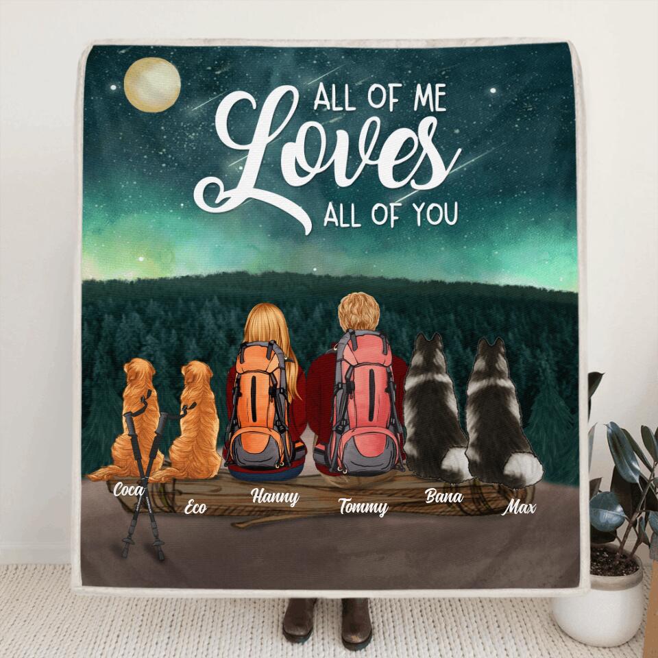 Personalized Camping Blanket/Pillow Cover - Gift For Couples, Camping Lovers, Dog Lovers - Up to 4 Dogs - Dogs & Couple Camping Fleece/Quilt/Pillow Cover Cushion Cover - All of me loves all of you
