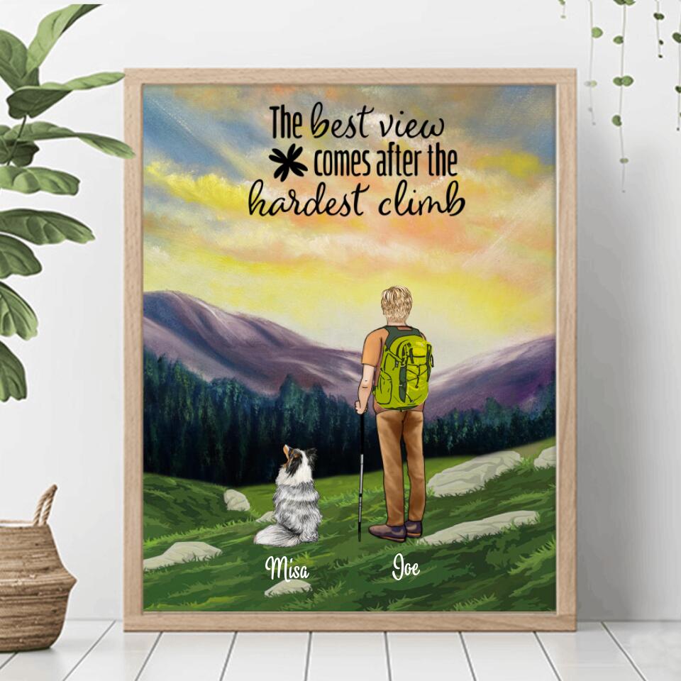 Personalized Hiking Paper Poster - Single Dad & Pets/Kid Hiking Poster - Gift for Single Dad, Hiking Lovers