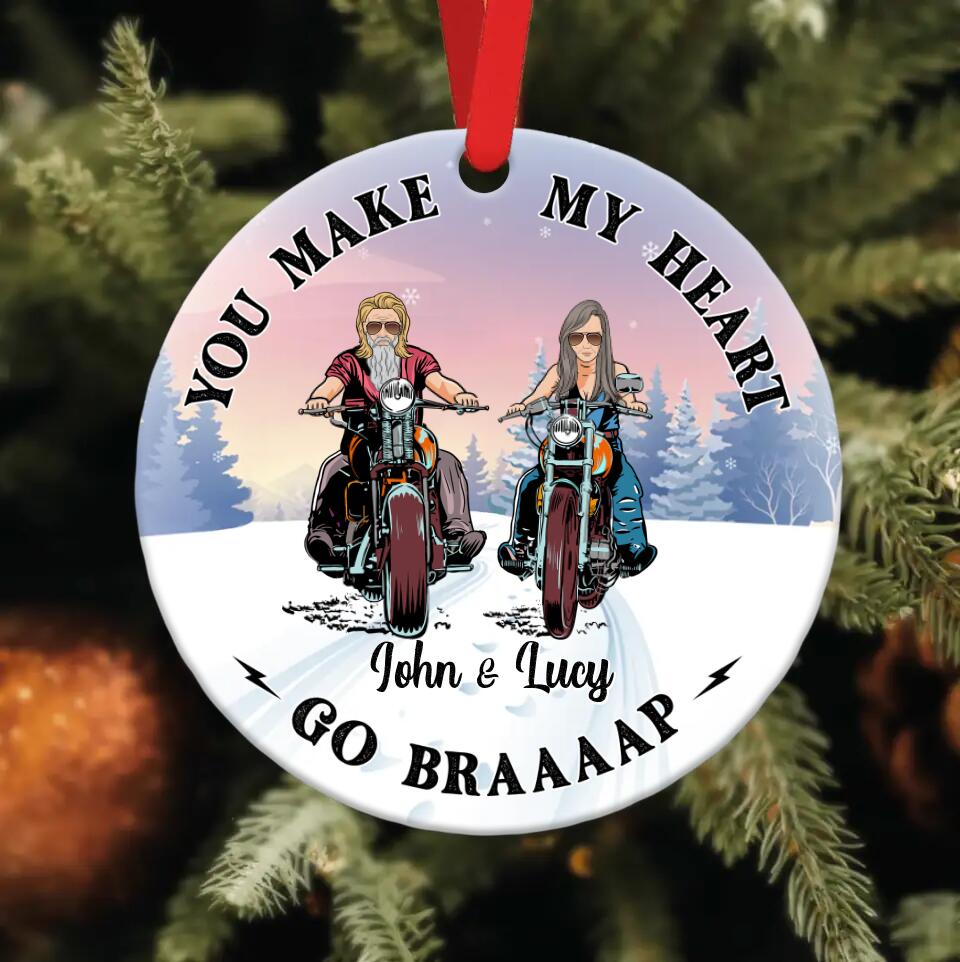 Personalized Biker Couple Circle Wooden Ornament - Christmas Gift Idea For Couple - You Make My Heart Go Braaap!