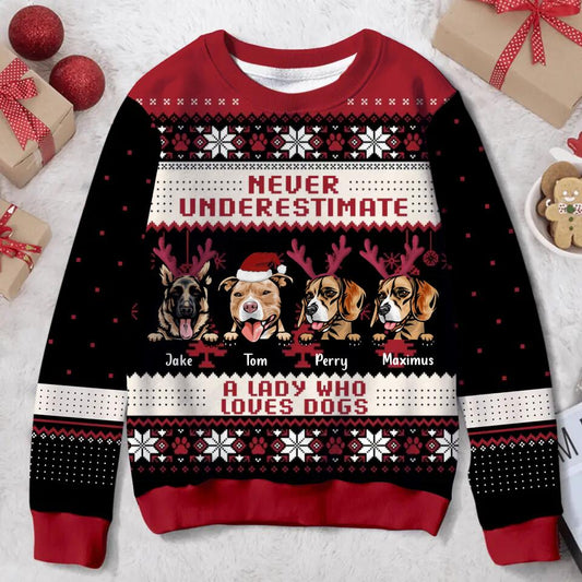 Personalized Dog Mom All-Over Print Sweater - Up to 4 Dogs - Christmas Gift For Dog Lovers - Never Underestimate A Lady Who Loves Dogs