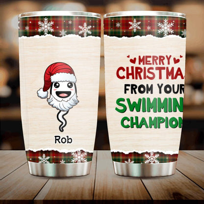 Personalized Funny Tumbler For Dad - Up to 7 Kids - Christmas Gift Idea For Father - Merry Christmas From Your Swimming Champion