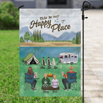 Personalized Camping Flag Sign - Adult/Couple/Single Parent/Parents With Up to 2 Kids And 3 Pets - Gift Idea For Couple/Camping/Dog/Cat Lovers - This Is Our Happy Place
