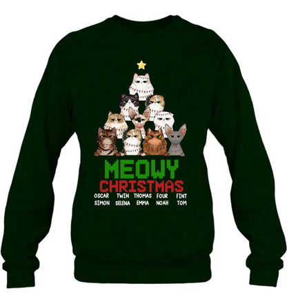 Personalized Meowy Christmas T-shirt/Long Sleeve/Sweatshirt/Hoodie - Up to 10 Cats - Christmas Gift Idea For Cat Lover