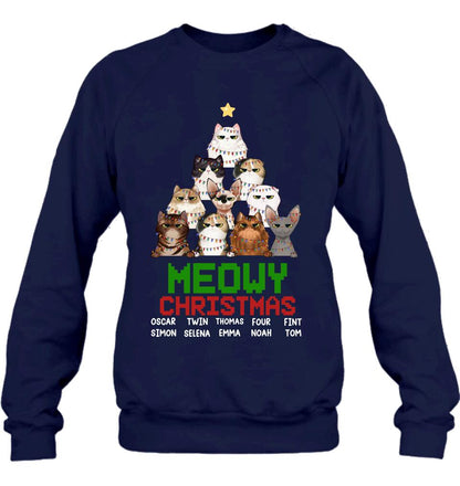Personalized Meowy Christmas T-shirt/Long Sleeve/Sweatshirt/Hoodie - Up to 10 Cats - Christmas Gift Idea For Cat Lover