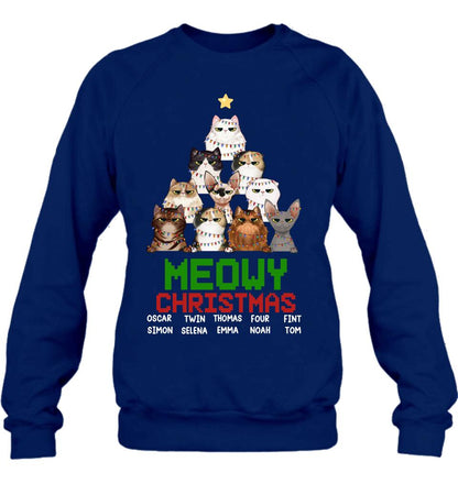 Personalized Meowy Christmas T-shirt/Long Sleeve/Sweatshirt/Hoodie - Up to 10 Cats - Christmas Gift Idea For Cat Lover