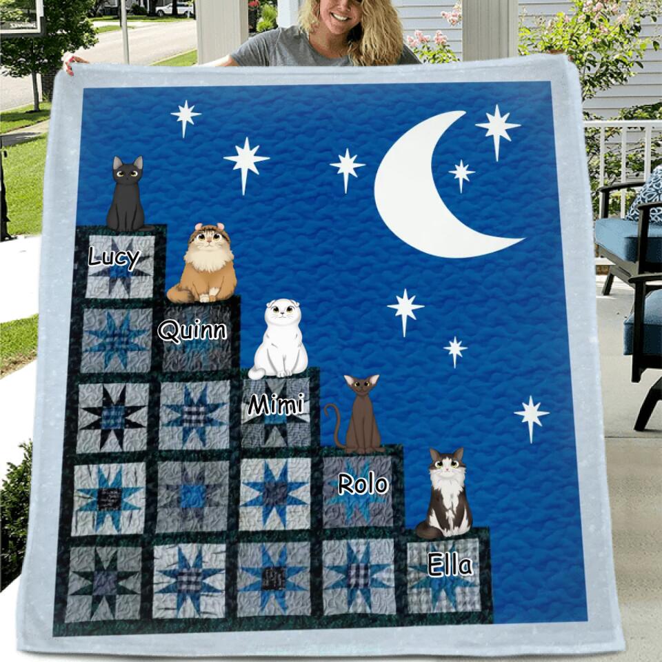 Personalized Cat Stairway To Heaven Quilt/Fleece Blanket - Up to 5 Cats - Gift Idea for Cat Lovers