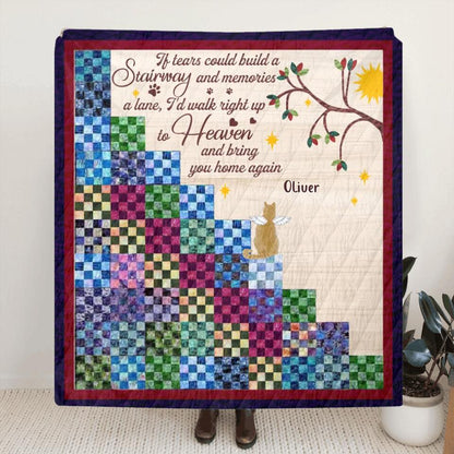 Personalized Memorial Heaven Cat Quilt/Fleece Throw Blanket - Gift Idea For Cat Lovers/Owners - Up to 5 Cats - If Tears Could Build A Stairway