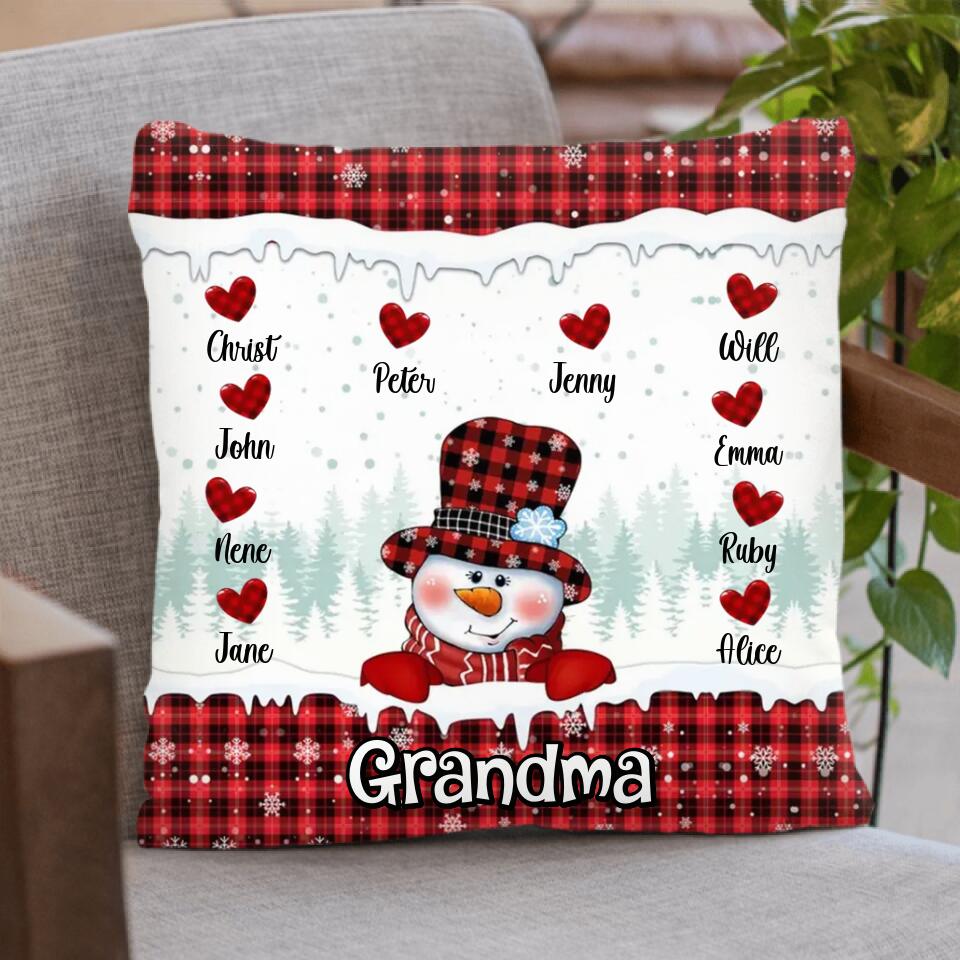 Personalized Grandma Snowman Sweet Heart Kids Pillow Cover - Up to 10 Kids - Christmas Gift Idea For Grandma & Grandkids