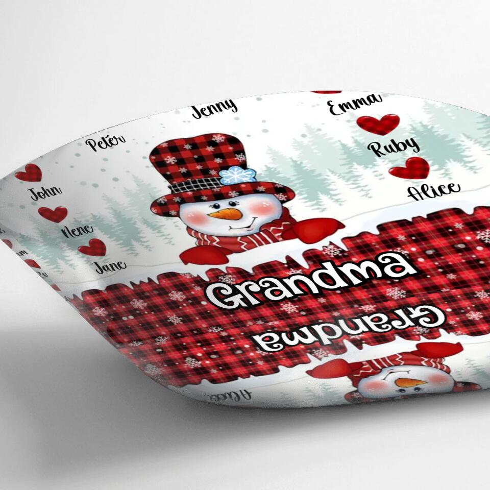 Personalized Grandma Snowman Sweet Heart Kids Pillow Cover - Up to 10 Kids - Christmas Gift Idea For Grandma & Grandkids