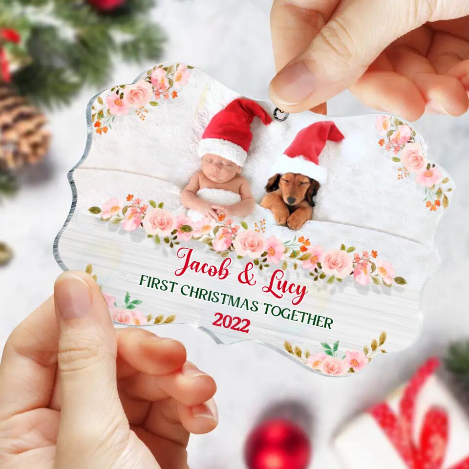 Personalized Christmas Acrylic Ornament - Upload Baby and Dog Photo - First Christmas Together
