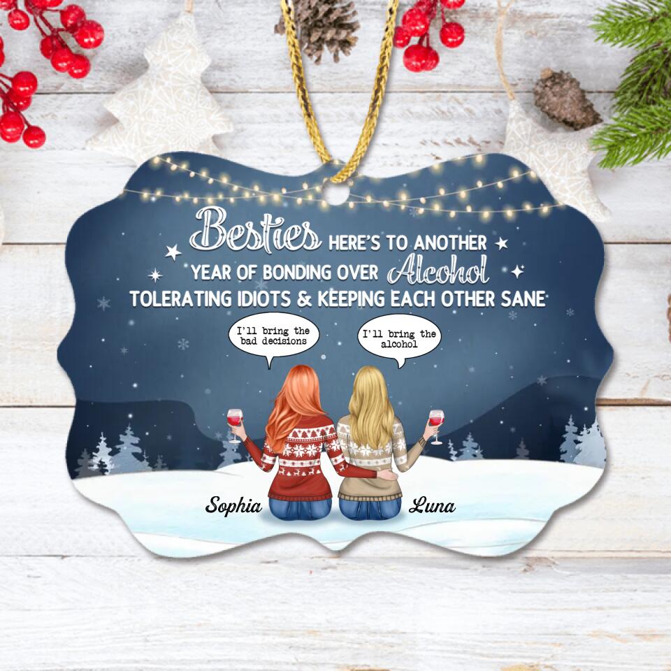 Personalized Besties Rectangle Wooden Ornament - Gift Idea For Best Friends - Here's To Another Year Of Bonding Over Alcohol