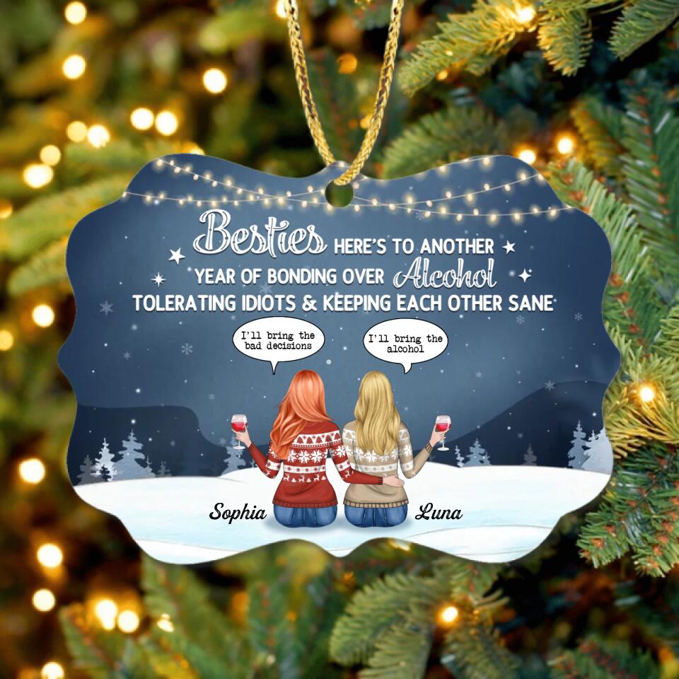 Personalized Besties Rectangle Wooden Ornament - Gift Idea For Best Friends - Here's To Another Year Of Bonding Over Alcohol