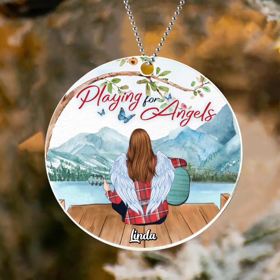 Personalized Guitar Circle Acrylic Ornament - Memorial Gift Idea For Christmas - Playing for Angels