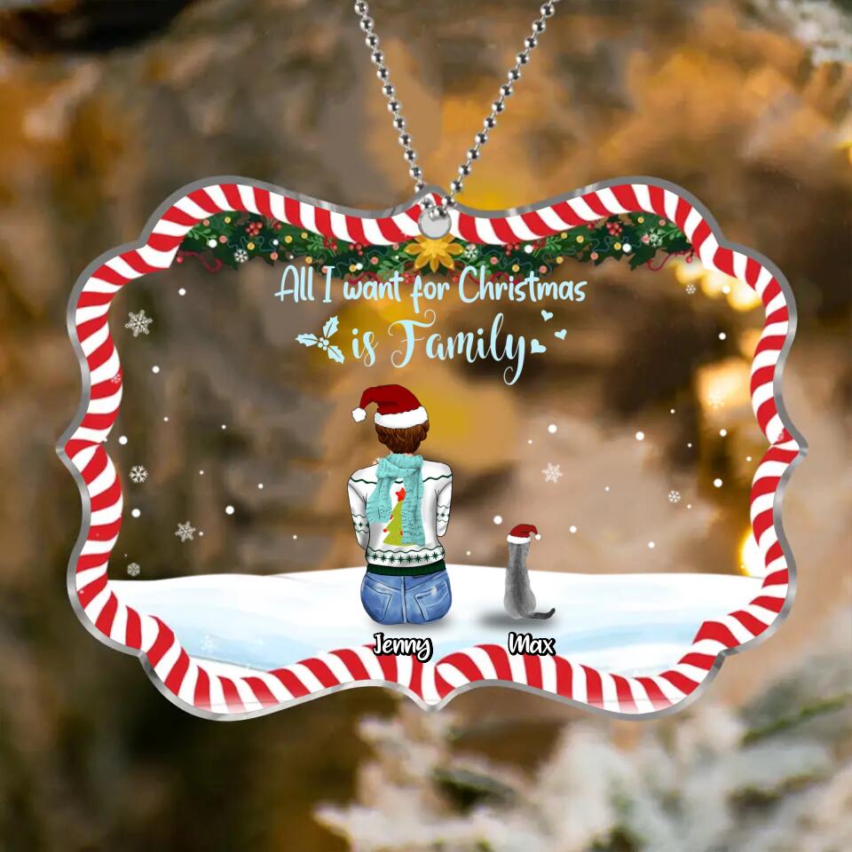 Personalized Christmas Family Rectangle Wooden/Acrylic Ornament - Gift Idea For Family/Christmas - Couple/Parents With Up To 3 Kids And 3 Pets - All I Want For Christmas Is Family