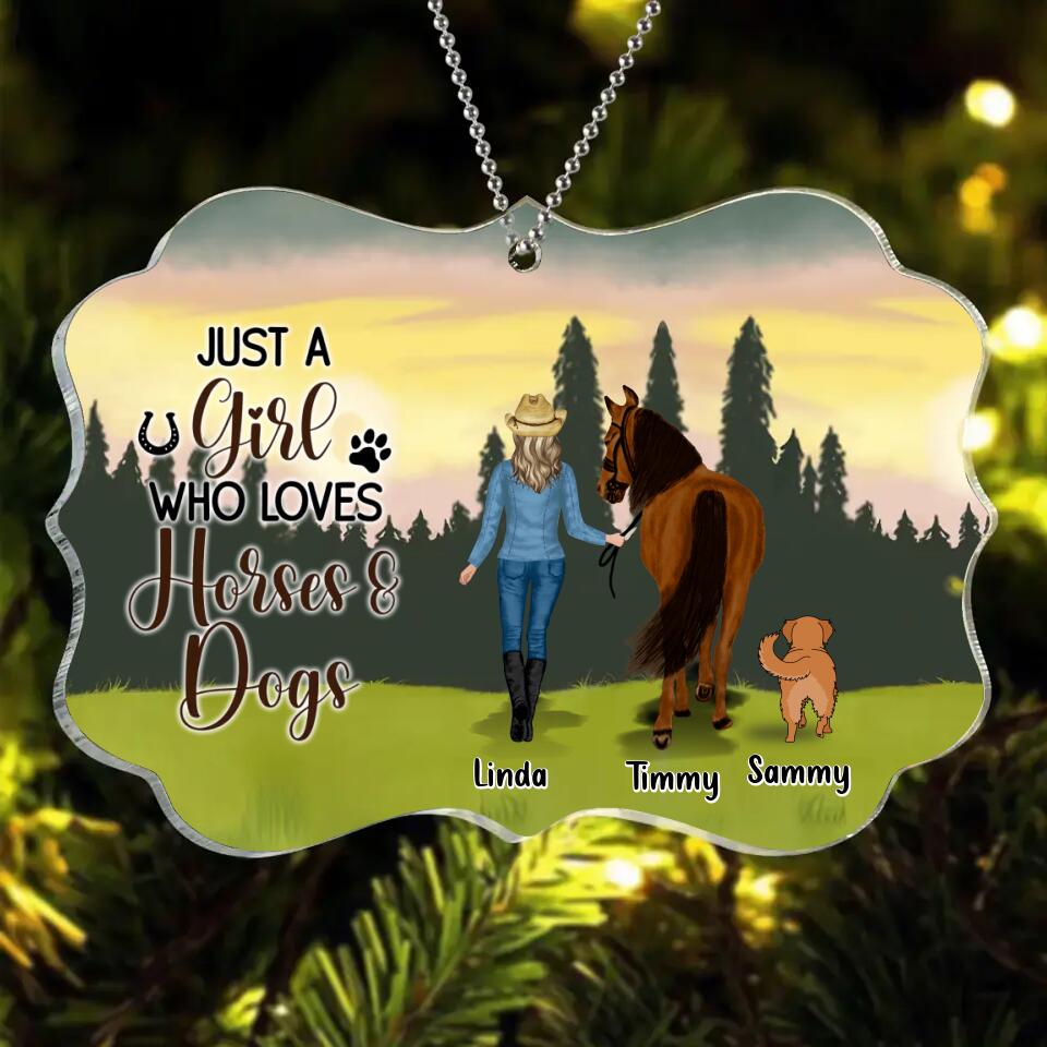 Personalized Horse & Dog Rectangle Acrylic Ornament - Gift Idea For Horse/Dog Lovers With Up To 2 Horses And 4 Dogs - Just A Girl Who Loves Horses & Dogs