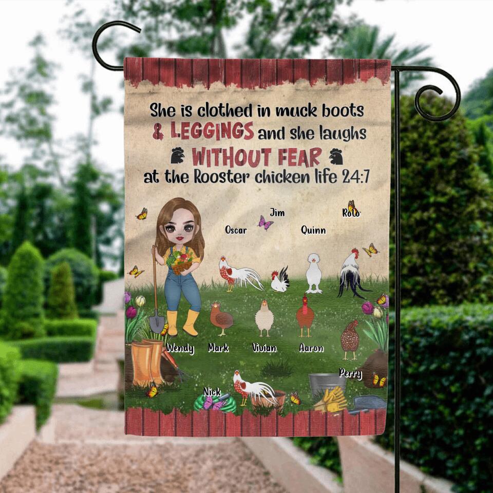 Personalized Chicken Flag Sign - Up to 9 Chickens - Gift Idea For Chicken Lovers - She Is Clothed In Muck Boots & Leggings And She Laughs Without Fear At The Rooster Chicken Life