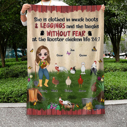 Personalized Chicken Flag Sign - Up to 9 Chickens - Gift Idea For Chicken Lovers - She Is Clothed In Muck Boots & Leggings And She Laughs Without Fear At The Rooster Chicken Life